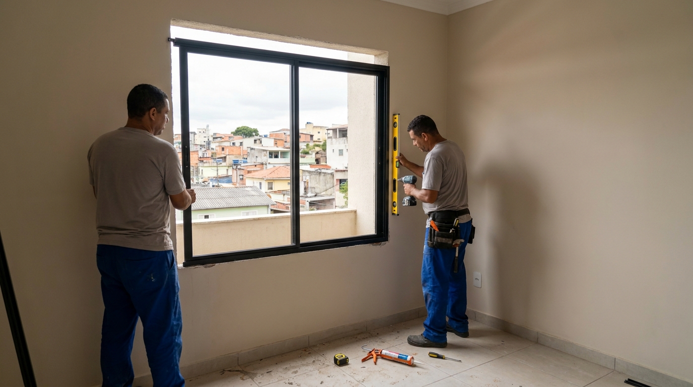 Esquadria de alumínio em quarto bege em Suzano-SP