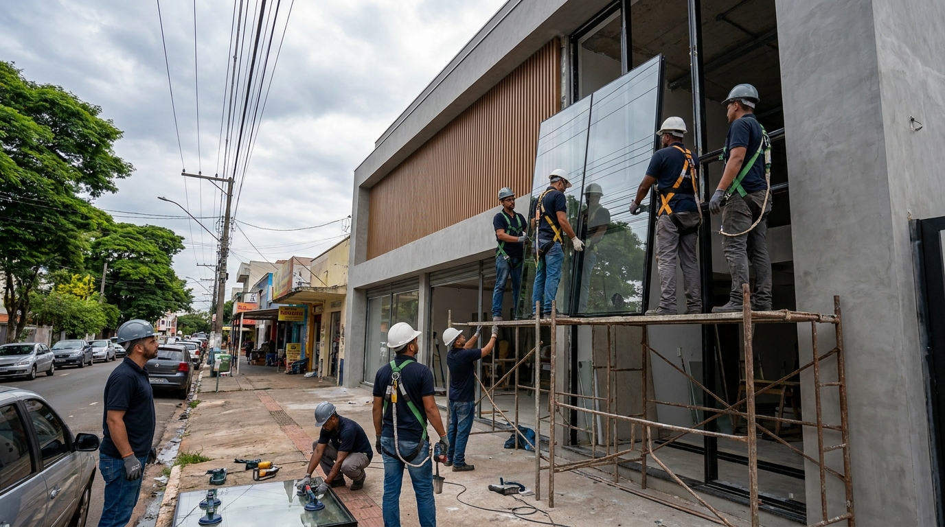 Fachada de vidro com andaime lateral em Suzano-SP
